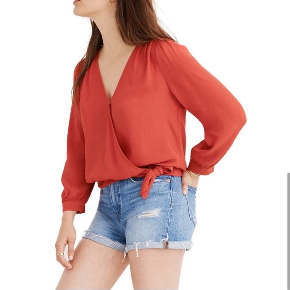 Madewell Cranberry Red Silk Wrap Cropped SM Top, V-Neck Side-Tie 70s Retro Inspo